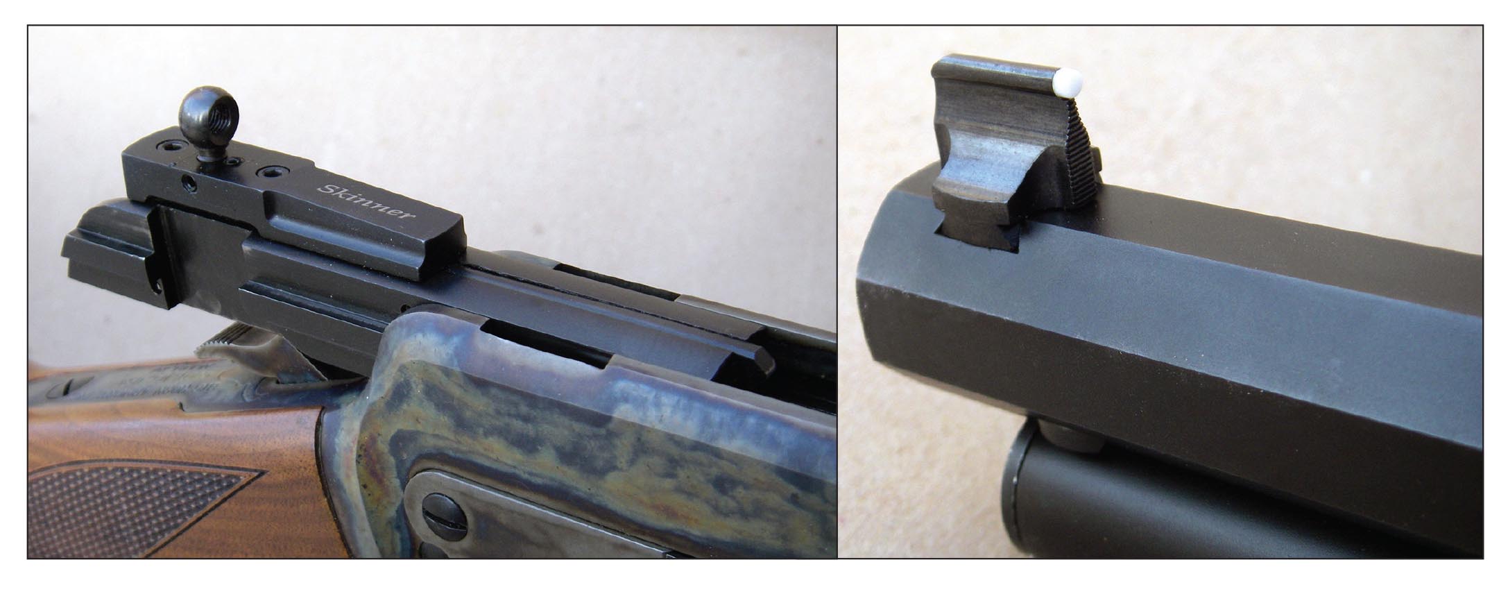 The Skinner Sights bolt-mounted aperture is fully adjustable for windage and elevation. The front sight is dovetailed into the barrel.